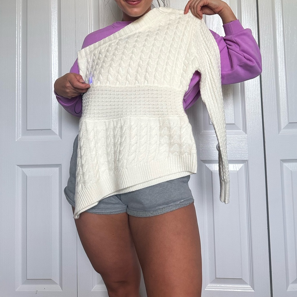 Elegant asymmetrical one shoulder White Cable Knit Sweater